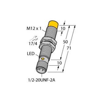 Capteur cylindrique, filetage M12 x 1, longueur totale 71 mm, indicateur LED. Connexion : 1/2-20UNF-2A. Dimensions marquées.