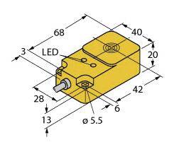 Composant mécanique : Boîte rectangulaire jaune avec affichage LED et dimensions variées en millimètres.