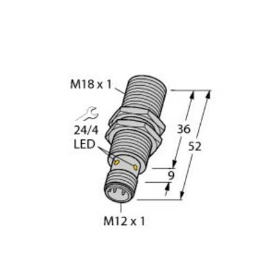 Dessin technique d'un connecteur cylindrique, dimensions : longueur 52 mm, diamètre 18 mm, filetages M12 et M18, indicateurs LED.