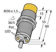 Diagramme d'un capteur cylindrique avec dimensions : longueur 60 mm, diamètre M30 x 1,5. Comprend un indicateur LED et des éléments d'adaptation.