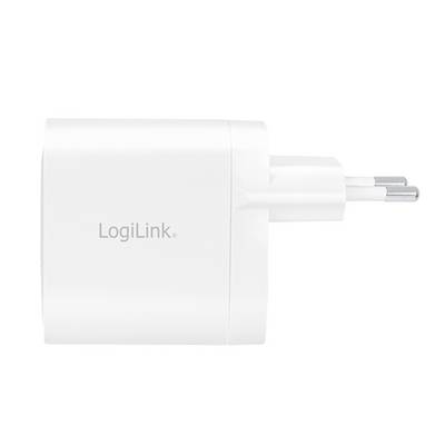 Chargeur USB blanc carré avec une fiche européenne, représenté de côté, avec le nom de marque 'LogiLink' visible.