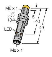 Dessin du capteur : M8 x 1, longueur 49 mm, indicateur LED. Taille de clé d'installation 13/4. Dimensions techniques détaillées représentées.