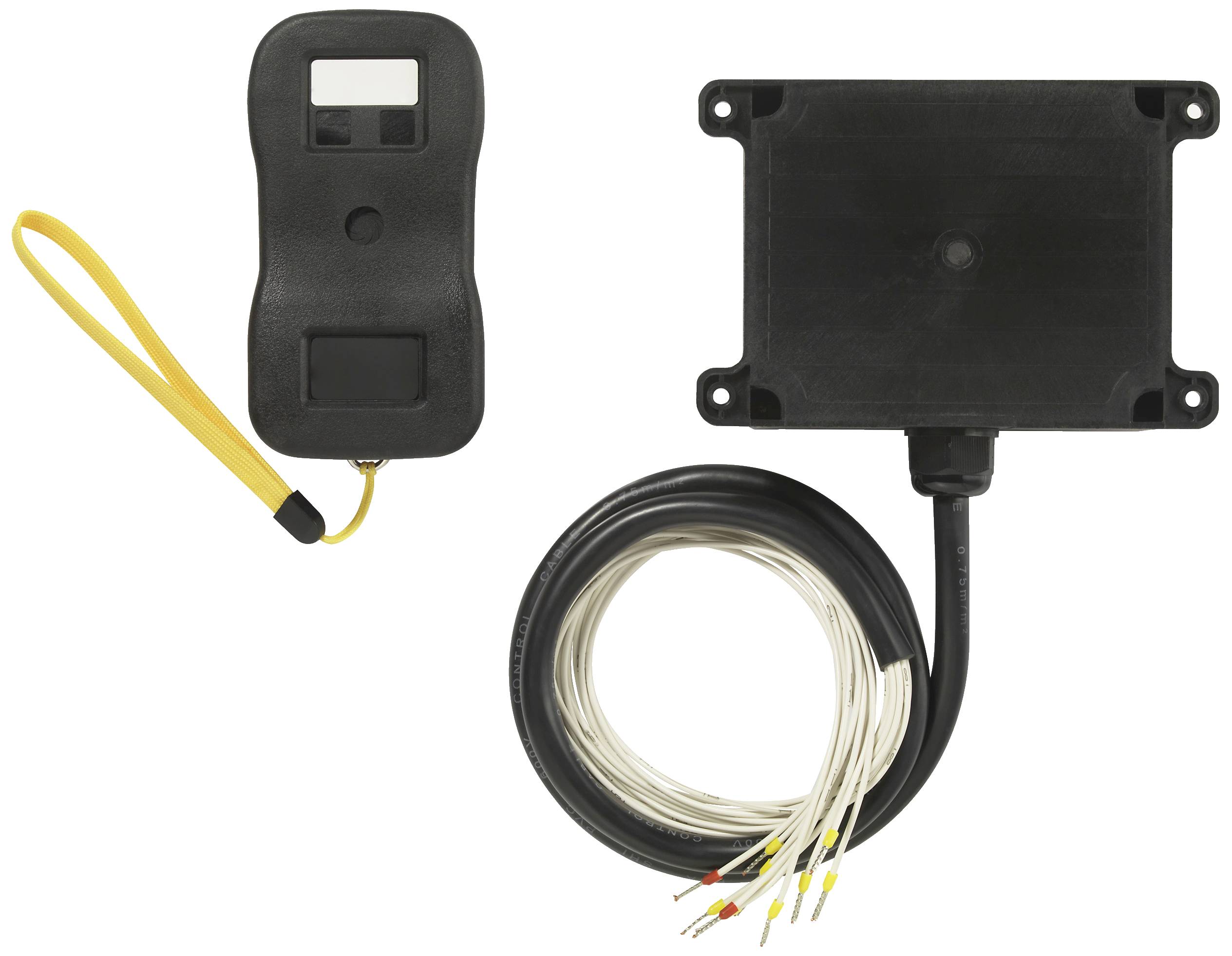 Un dispositif électronique avec un capteur et un ruban jaune, relié à un boîtier noir par un câble à plusieurs conducteurs.