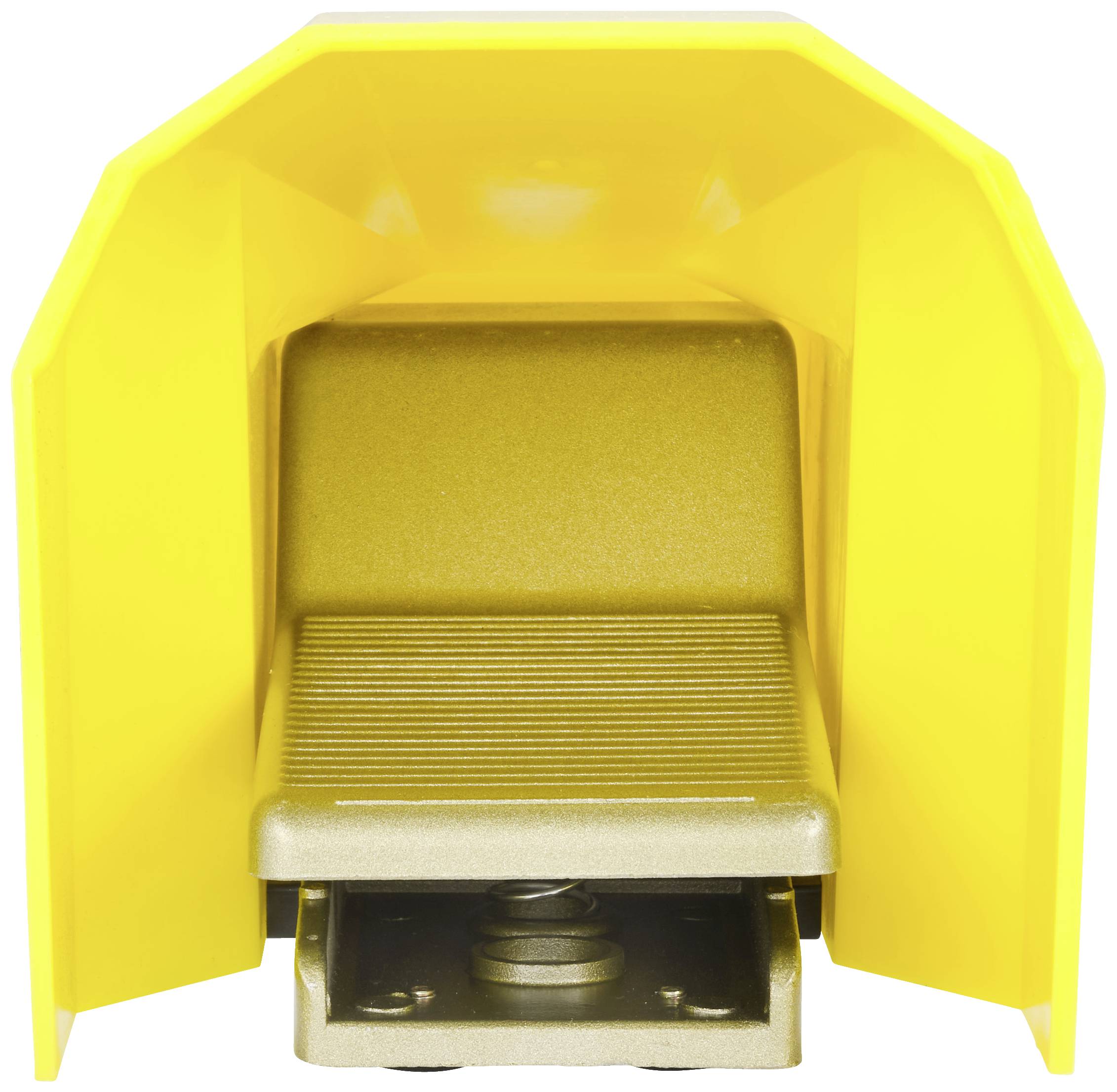 Un interrupteur au pied jaune avec capot de protection, prêt à être utilisé.