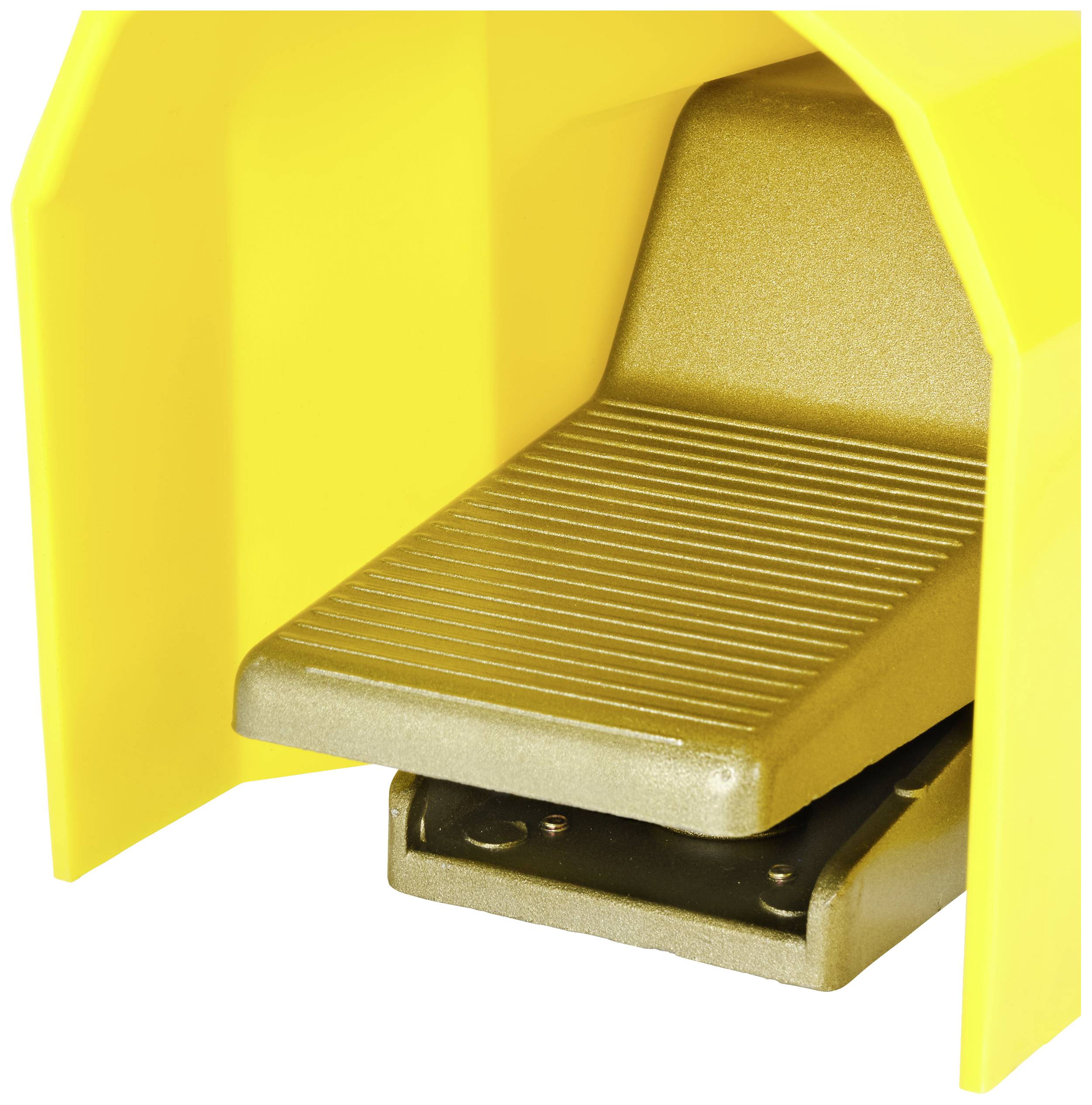 Interrupteur à pédale jaune avec protection de sécurité, utilisé pour commander des machines, offrant une protection contre une activation accidentelle.