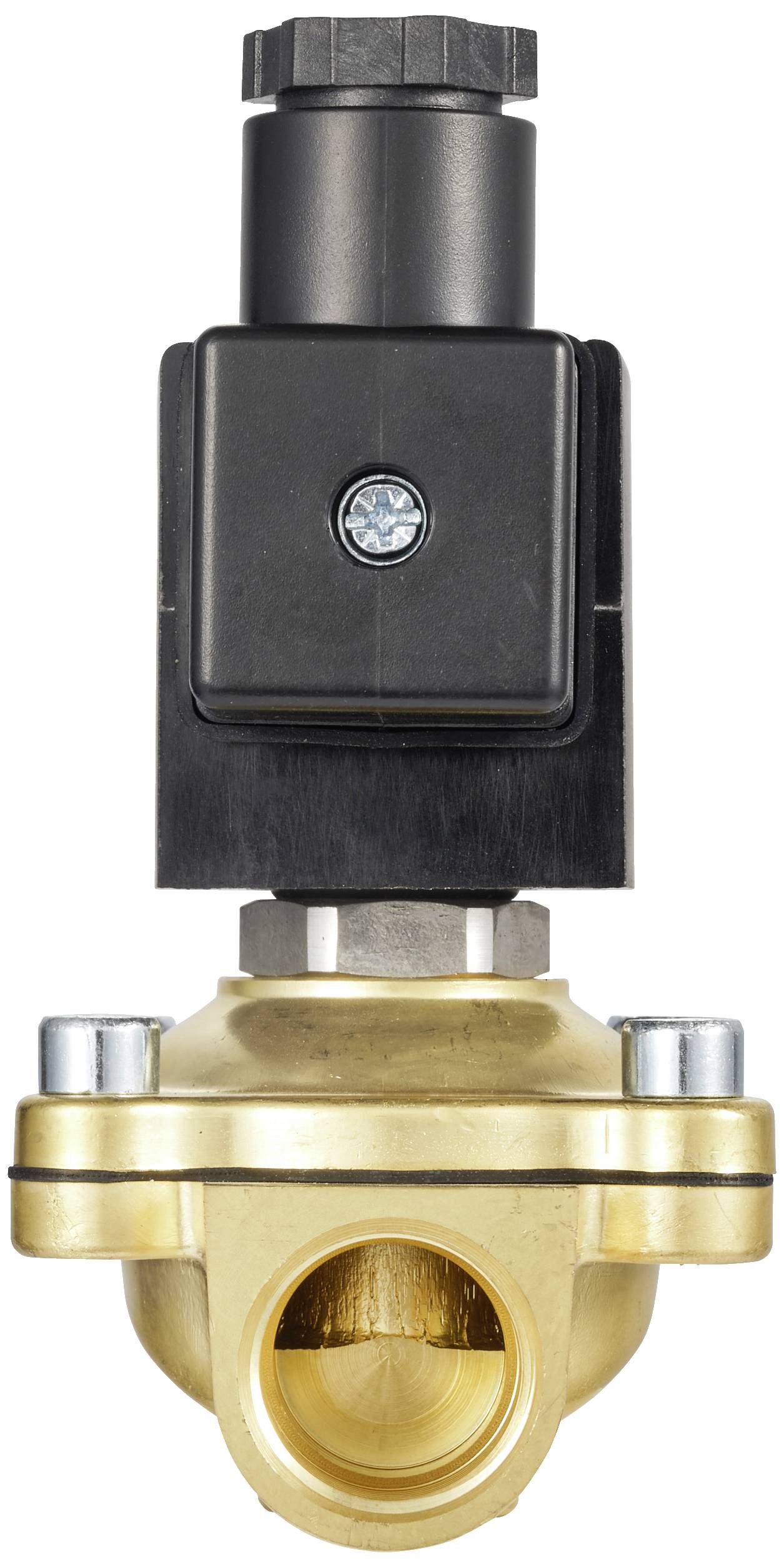 Vanne électromagnétique en laiton avec actionneur magnétique noir. Utilisée dans des applications industrielles pour contrôler le flux de liquides ou de gaz.