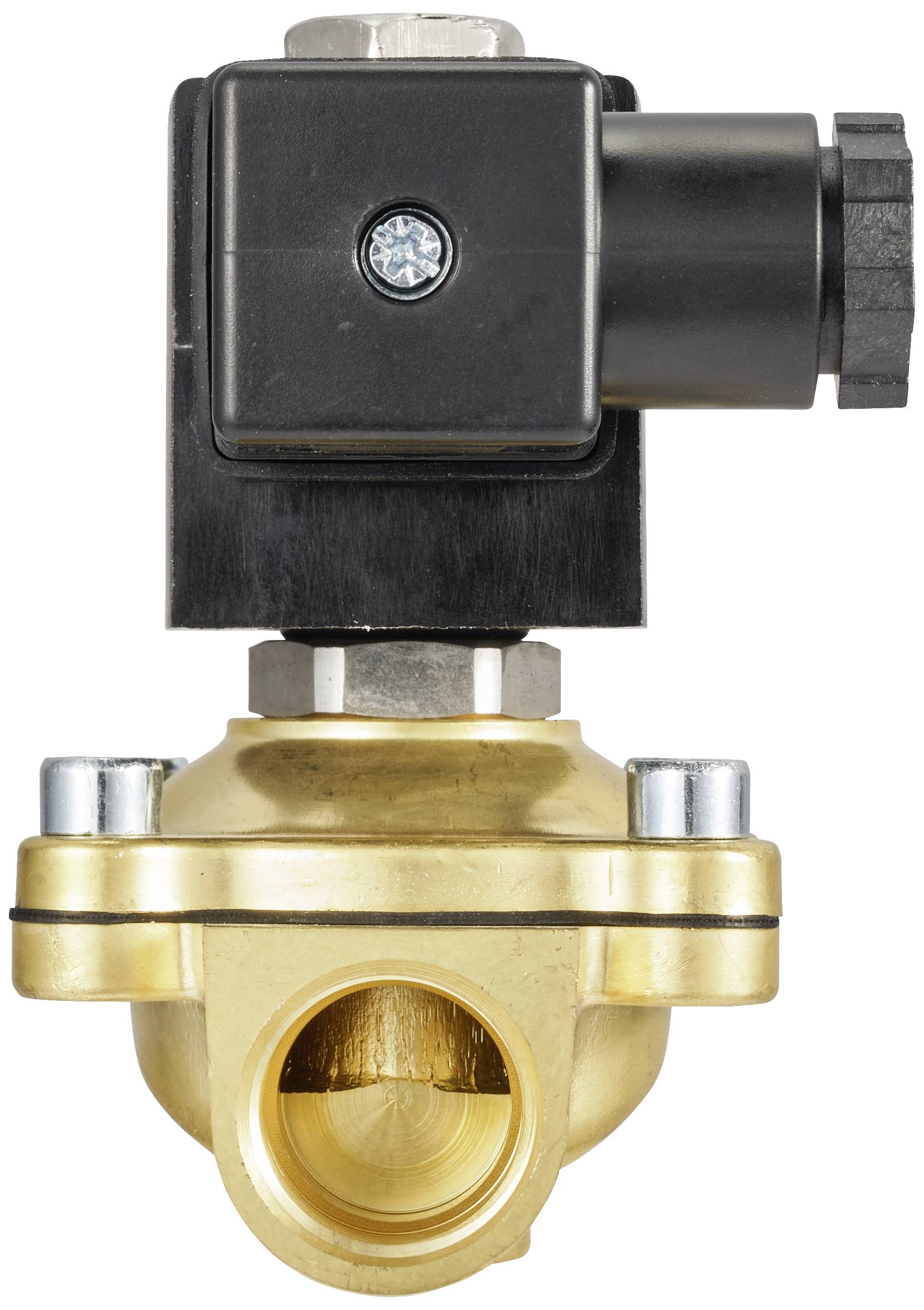 Vanne électromagnétique en laiton avec tête magnétique noire, connexions latérales. Utilisée dans les systèmes hydrauliques.