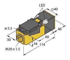 Dessin technique d'un composant électronique rectangulaire avec affichage LED, dimensions et indication de filetage M20 x 1,5.
