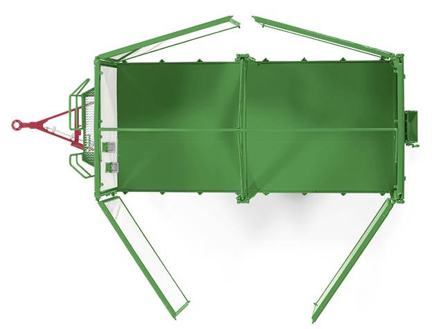 Machine agricole verte avec des trappes ouvertes, vue de dessus. Probablement une remorque pour récoltes.