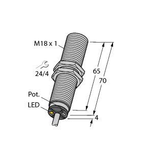 Capteur de proximité inductif, cylindrique, filetage M18, dimensions : 70 mm de long, 4 mm de large ; connexion : potentiomètre et indicateurs LED.