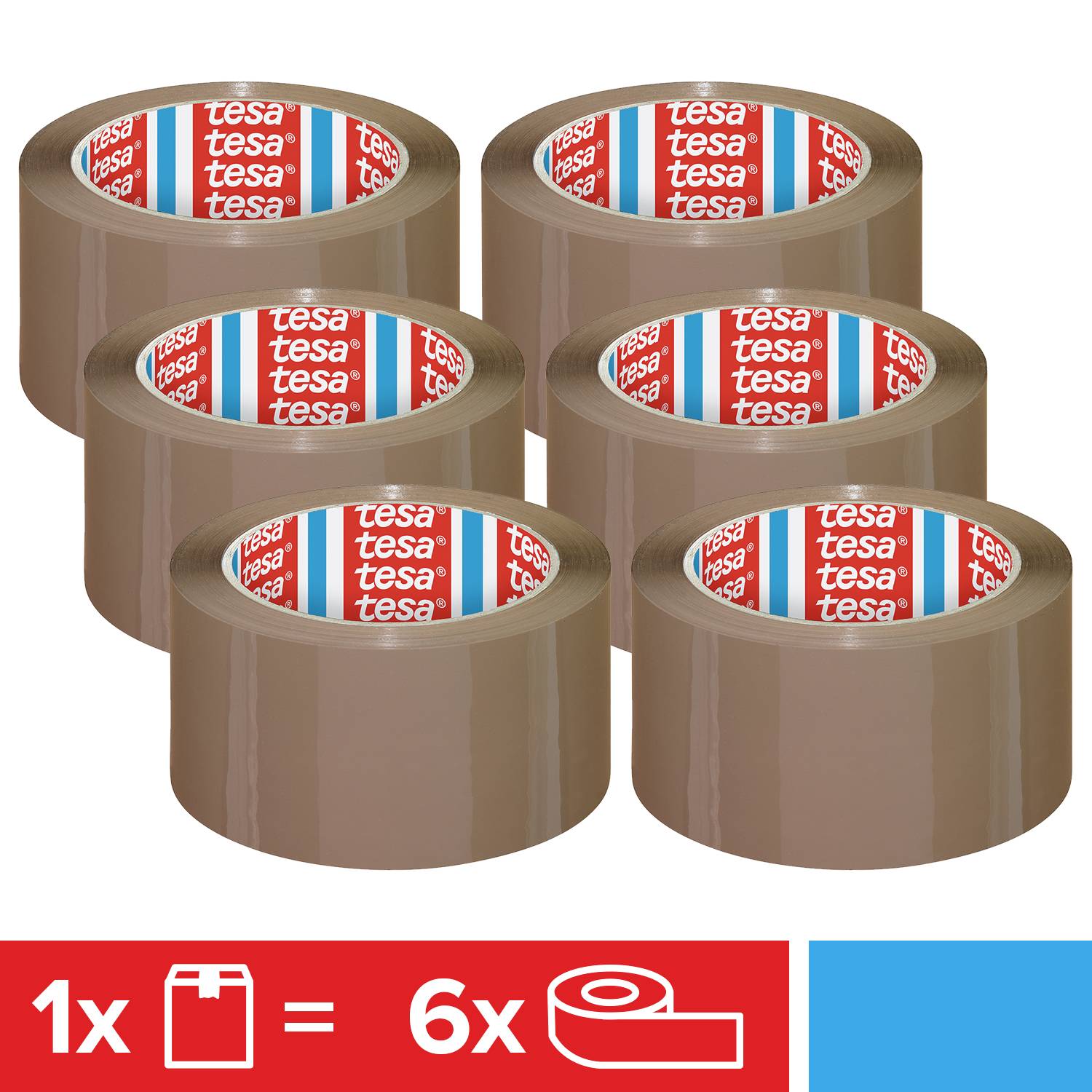 Six rouleaux de ruban adhésif marron disposés en deux rangées. En haut, la vue intérieure des rouleaux avec le logo de la marque est visible.