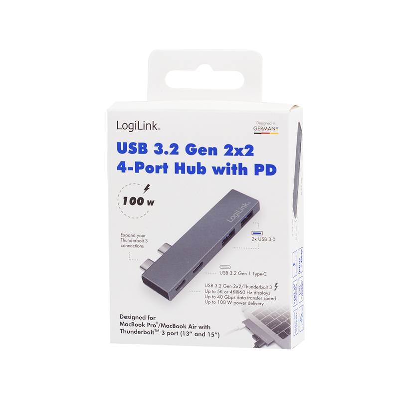 'Hub LogiLink USB 3.2 Gen 2x2 à 4 ports avec PD, 100W, pour MacBook Pro/Air avec Thunderbolt 3, Gris' imprimé sur l'étiquette en carton.
