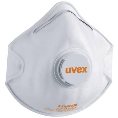 Un masque de protection blanc avec une valve sur laquelle est inscrit 'uvex'.