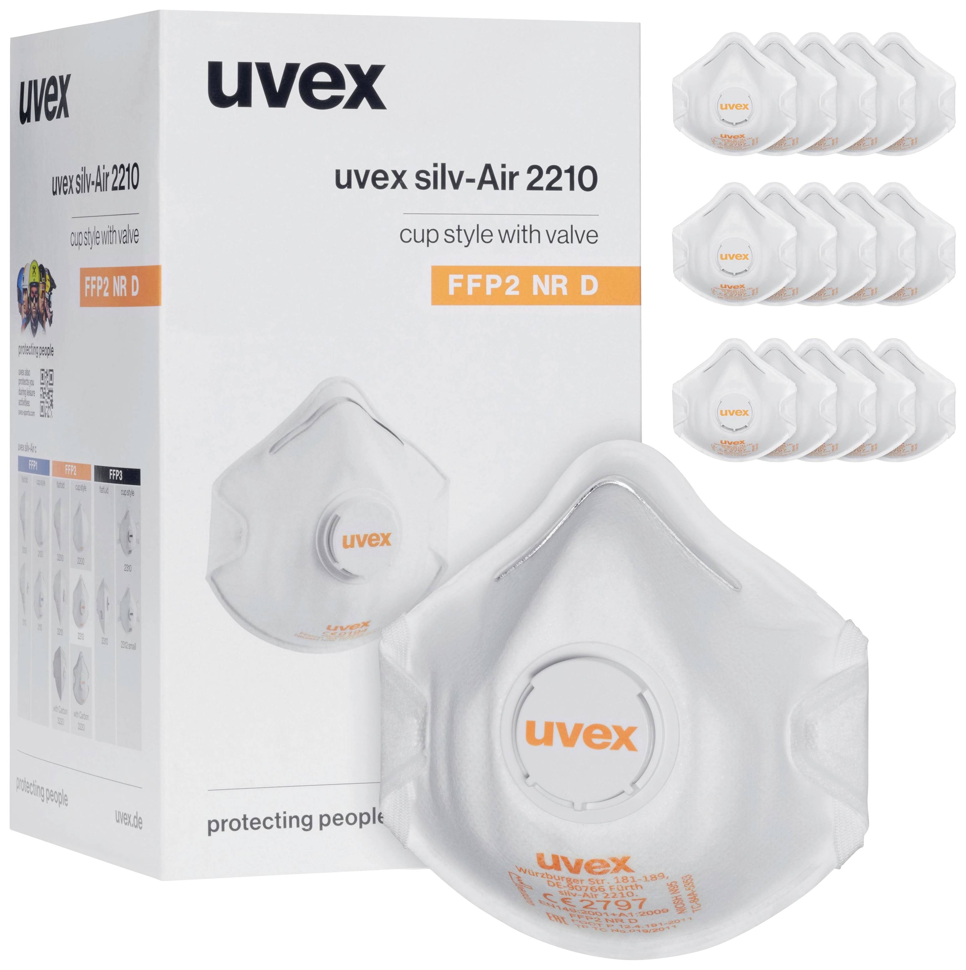 Masques de protection FFP2 Uvex avec valve, couleur argent. Un paquet et plusieurs masques individuels visibles. Protection des voies respiratoires.