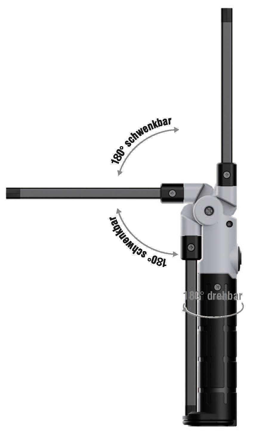 Lampe LED portable avec bras flexible pivotant à 180 degrés. La tête de la lampe peut être tournée à 180 degrés.