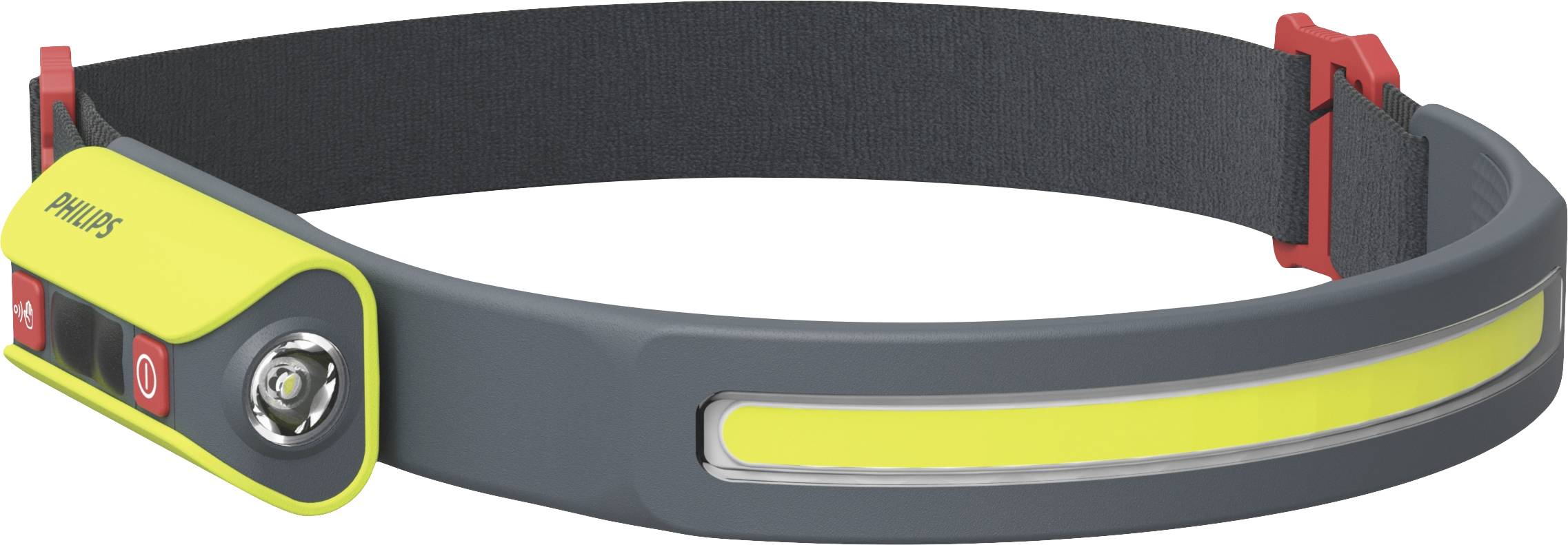 Lampe frontale grise et jaune avec un interrupteur et une bande lumineuse, adaptée aux activités de plein air dans l'obscurité.