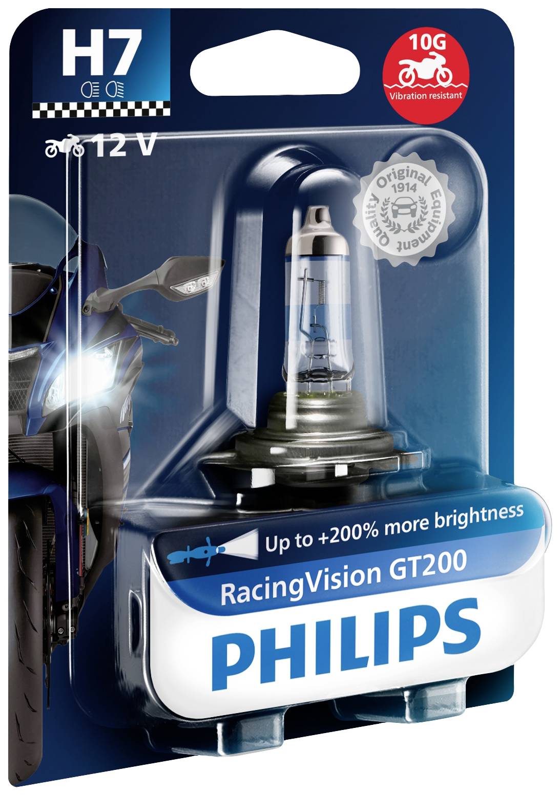 Philips RacingVision GT200 H7 phare, offrant jusqu'à 200% de luminosité en plus. L'emballage présente un graphisme de moto et un logo de résistance aux vibrations.