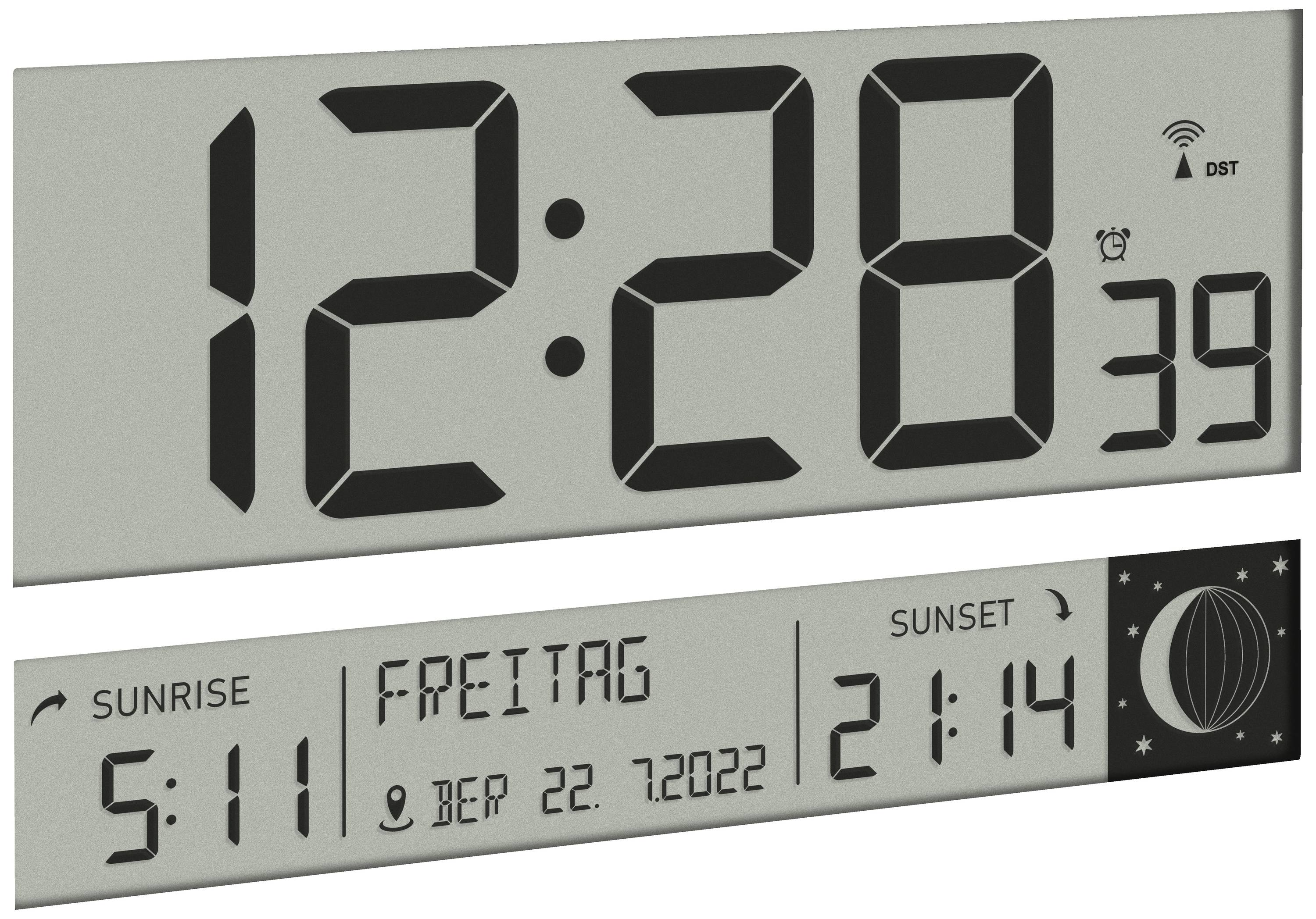 Horloge numérique murale affichant '12:28', 'Vendredi', '22.07.2022', lever du soleil '5:11', coucher du soleil '21:14'. Symboles de fuseau horaire et de réveil visibles.
