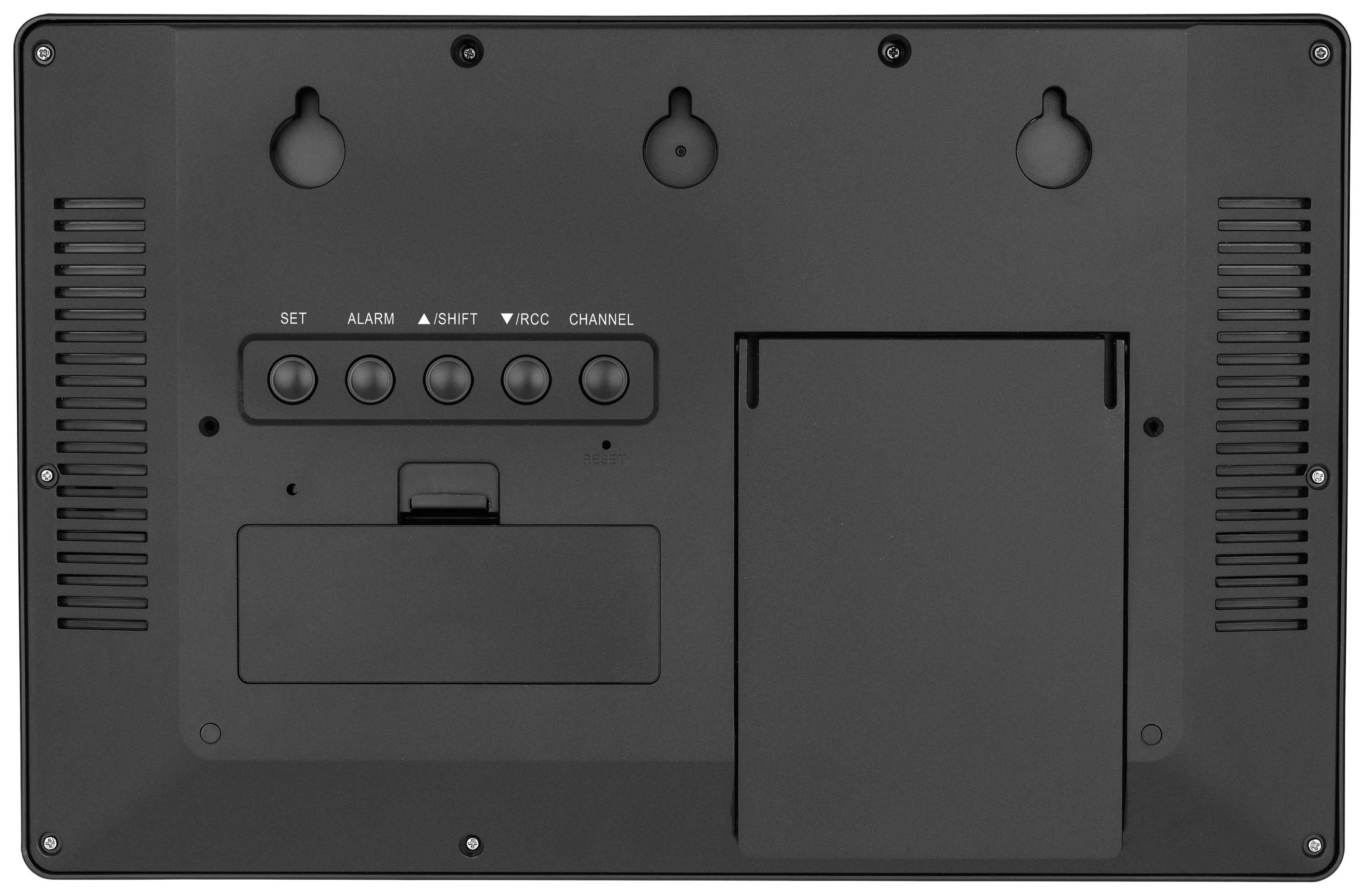 Face arrière d'un appareil électronique avec des touches de commande et un couvercle amovible, probablement pour le contrôle d'accès ou le compartiment de la batterie.