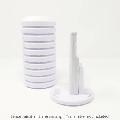 Un appareil blanc, empilé, cylindrique avec un module élancé et vertical. Remarque : 'Émetteur non inclus'.