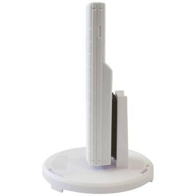 Un appareil électrique blanc vertical, vu de côté, reposant sur un socle rond, probablement un purificateur d'air.
