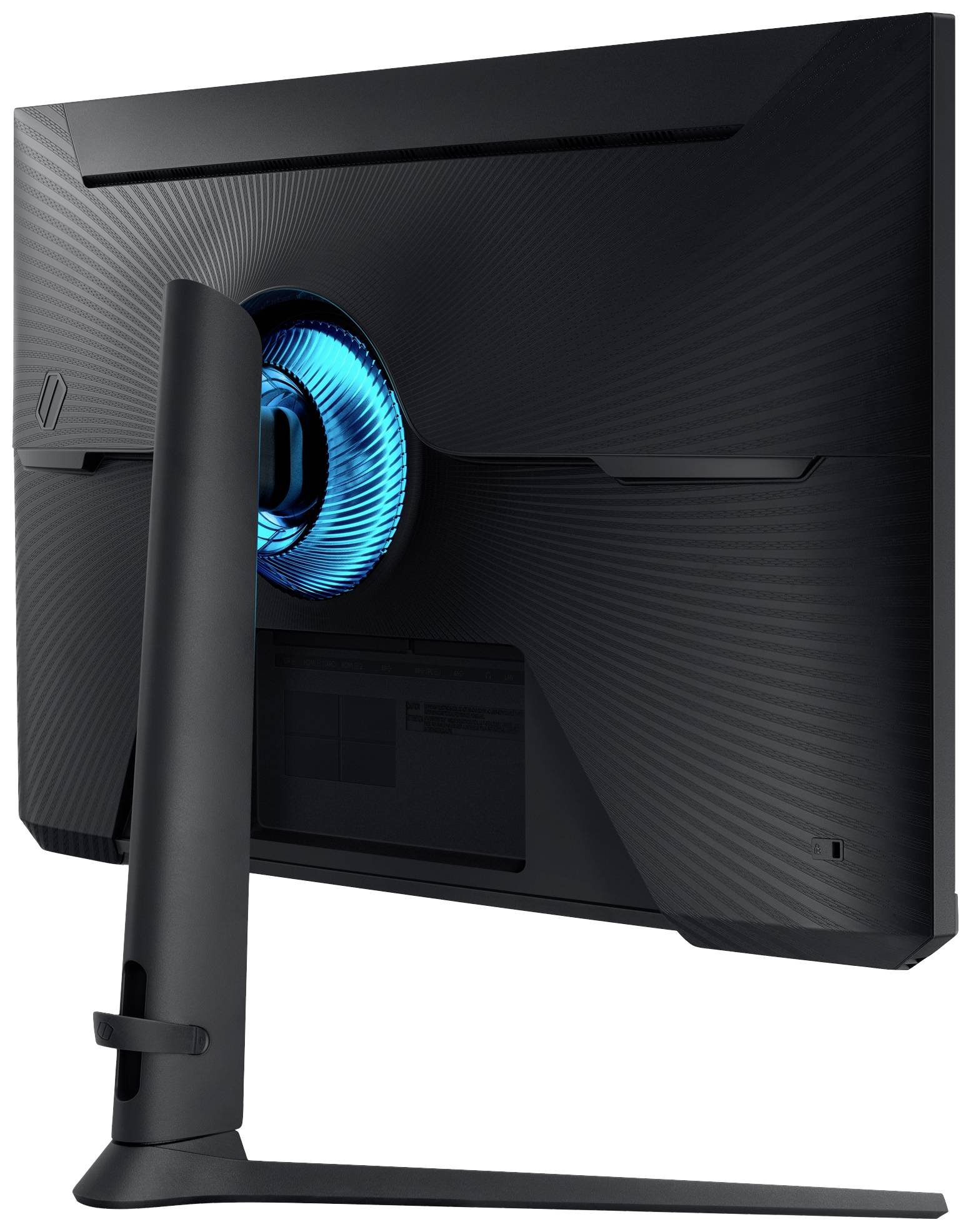 Vue arrière d'un écran d'ordinateur moderne avec un cercle illuminé en bleu au centre, posé sur un support élégant et simple.