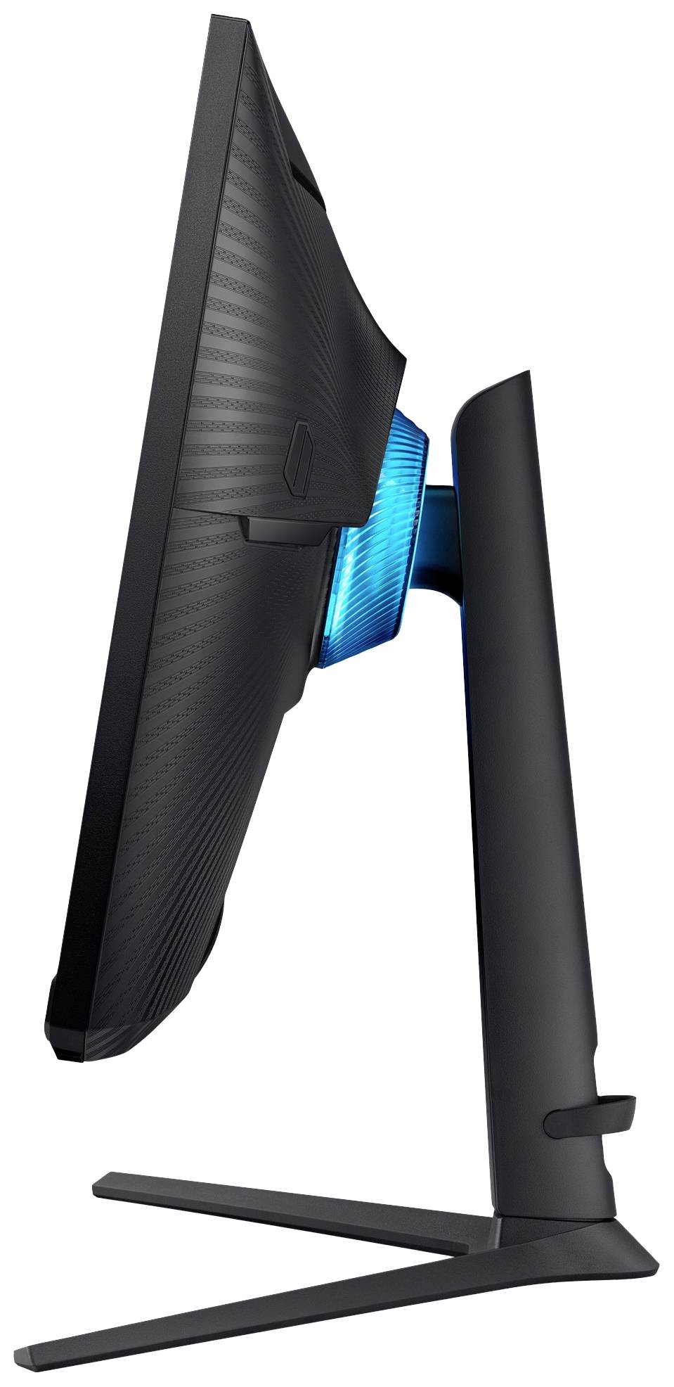 Un regard latéral sur un moniteur d'ordinateur noir moderne posé sur un socle. L'arrière s'illumine en bleu.