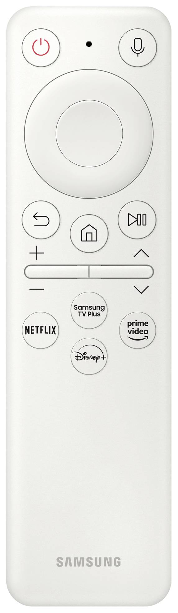 Télécommande blanche avec des touches pour l'alimentation, le volume, la navigation et l'accès rapide aux services de streaming comme Netflix et Prime Video.
