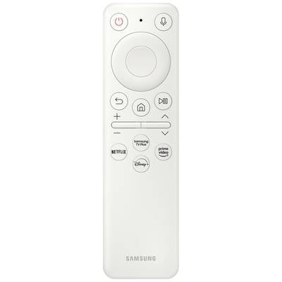 Télécommande blanche avec touches pour le volume, les chaînes et les services de streaming comme Netflix, Prime Video et Disney+.