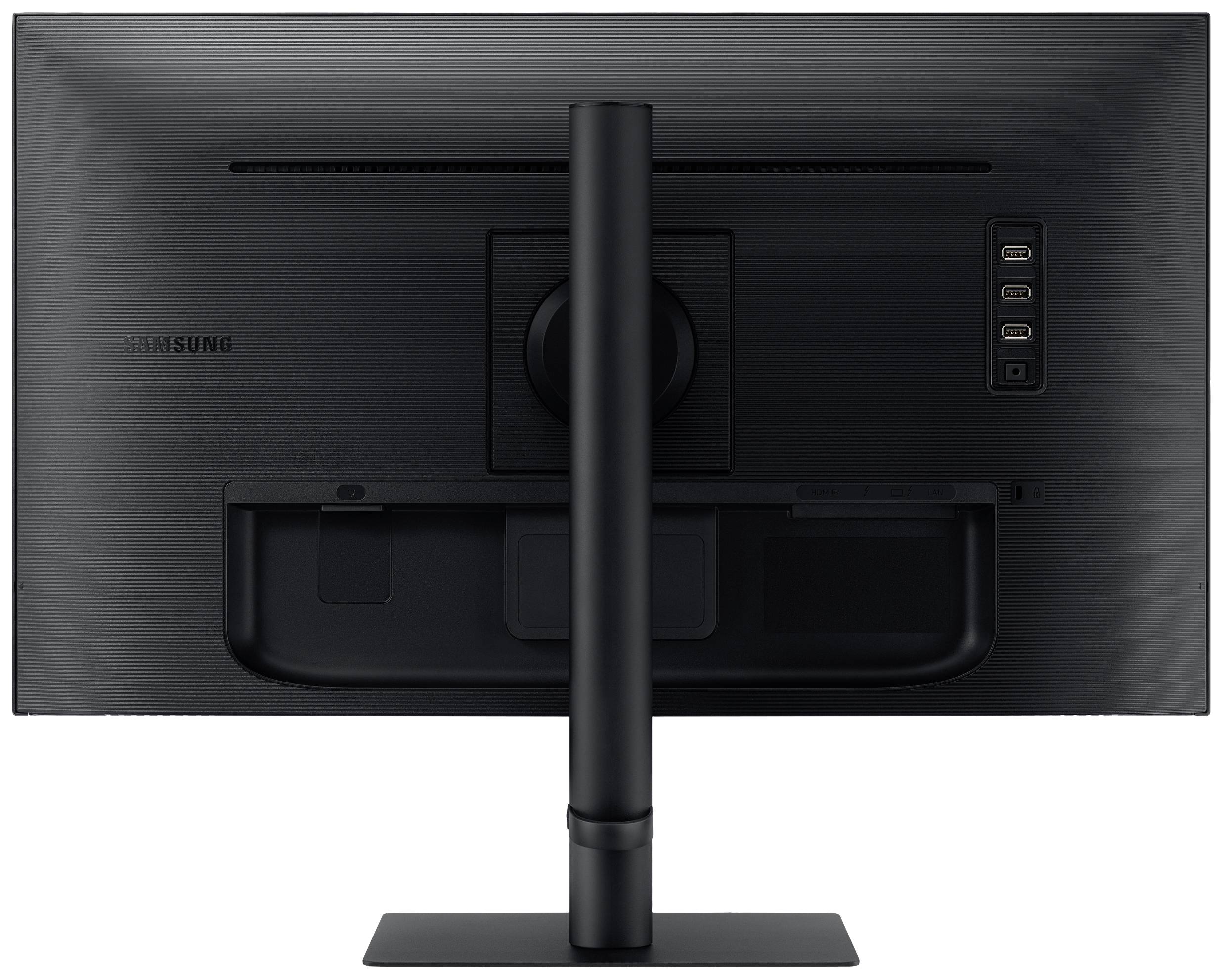 Vue arrière d'un moniteur d'ordinateur noir avec un socle rectangulaire et six ports situés sur le côté droit.