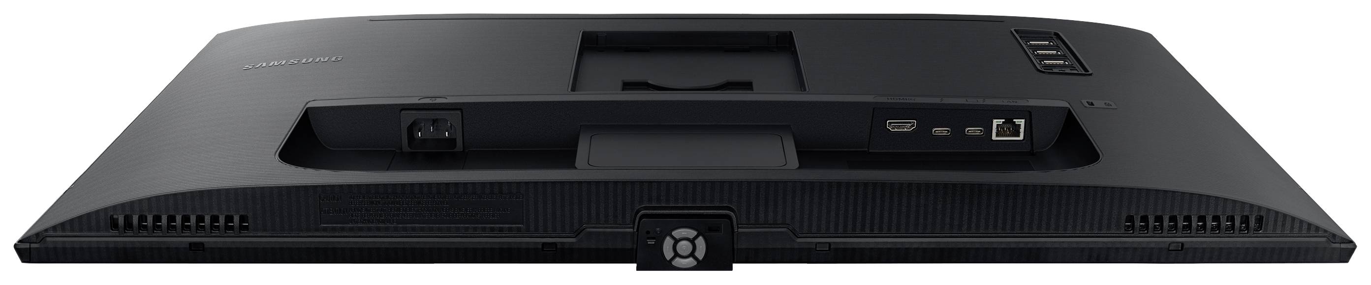 Vue arrière d'un moniteur d'ordinateur avec différentes options de connexion, notamment des ports USB et HDMI, posé sur une surface plane.