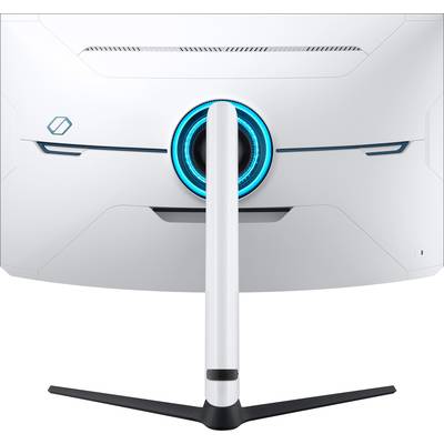 Dos d'un moniteur blanc incurvé avec un cercle bleu lumineux au centre et un support moderne et élégant.