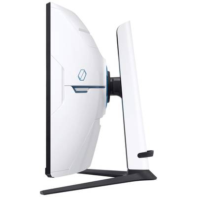Un écran d'ordinateur blanc moderne vu de profil. L'écran est mince et arbore un design futuriste avec des touches de bleu.