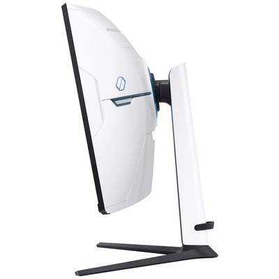 Un moniteur d'ordinateur blanc et élancé au design futuriste, vu de côté.