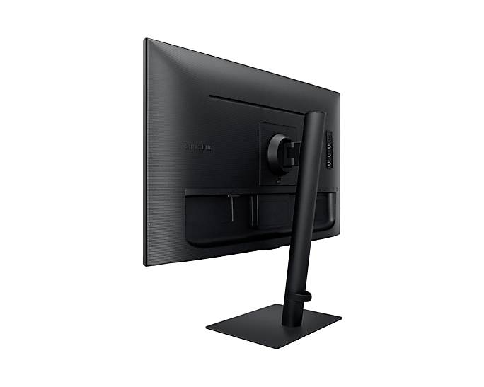 Vue arrière d'un écran d'ordinateur noir avec un support élégant sur un socle carré, adapté à un aménagement de bureau.