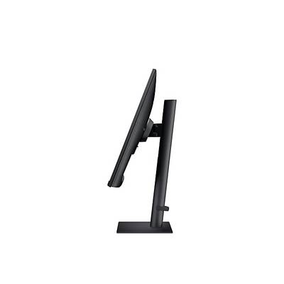 Vue latérale d'un moniteur d'ordinateur noir avec support réglable. L'écran est légèrement incliné vers le haut.