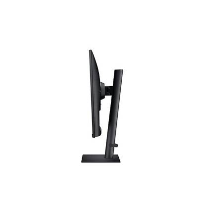 Un écran d'ordinateur noir vu de côté, présentant un design élégant et moderne avec un socle stable.