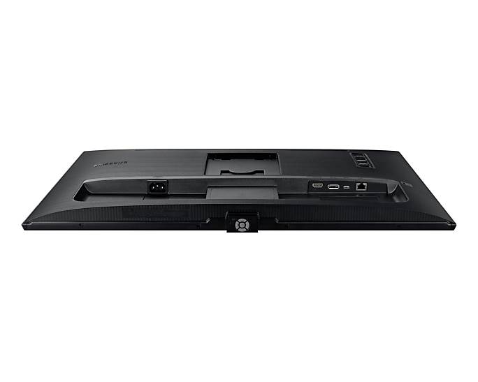 L'écran affiche l'arrière avec des ports tels que HDMI, DisplayPort et USB. Idéal pour les configurations de bureau et l'interconnexion des appareils.