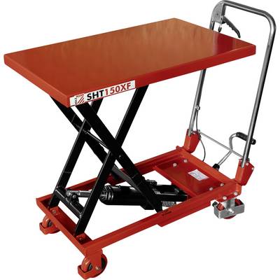 Une table élévatrice hydraulique rouge avec une poignée et des roues pivotantes, étiquetée « SHT150XF ». Elle est conçue pour soulever et abaisser des objets lourds en toute sécurité.