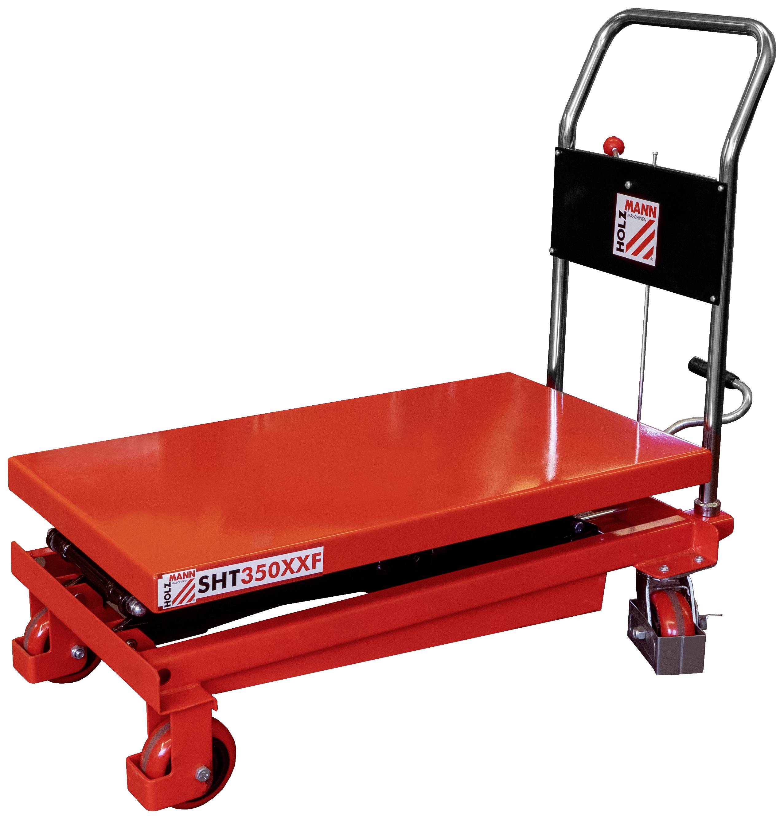 Un chariot élévateur rouge avec une poignée noire et quatre roues, portant l'inscription 'SHT350XXF'. Idéal pour soulever des objets lourds.