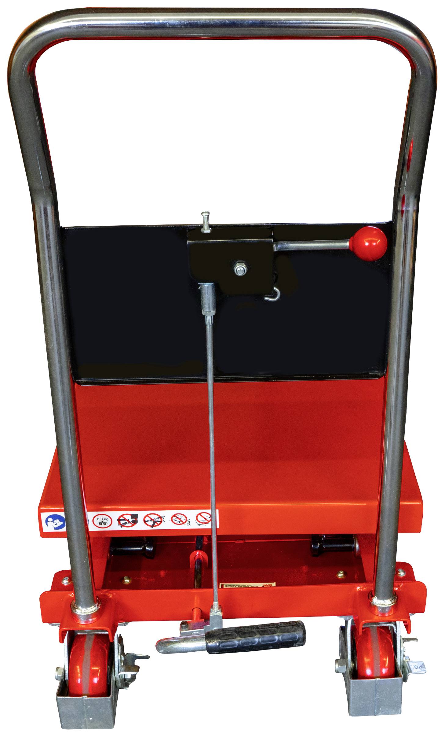 Chariot élévateur rouge avec poignée, deux roues avant et une plateforme ; adapté pour le transport de marchandises lourdes dans les entrepôts ou les usines.