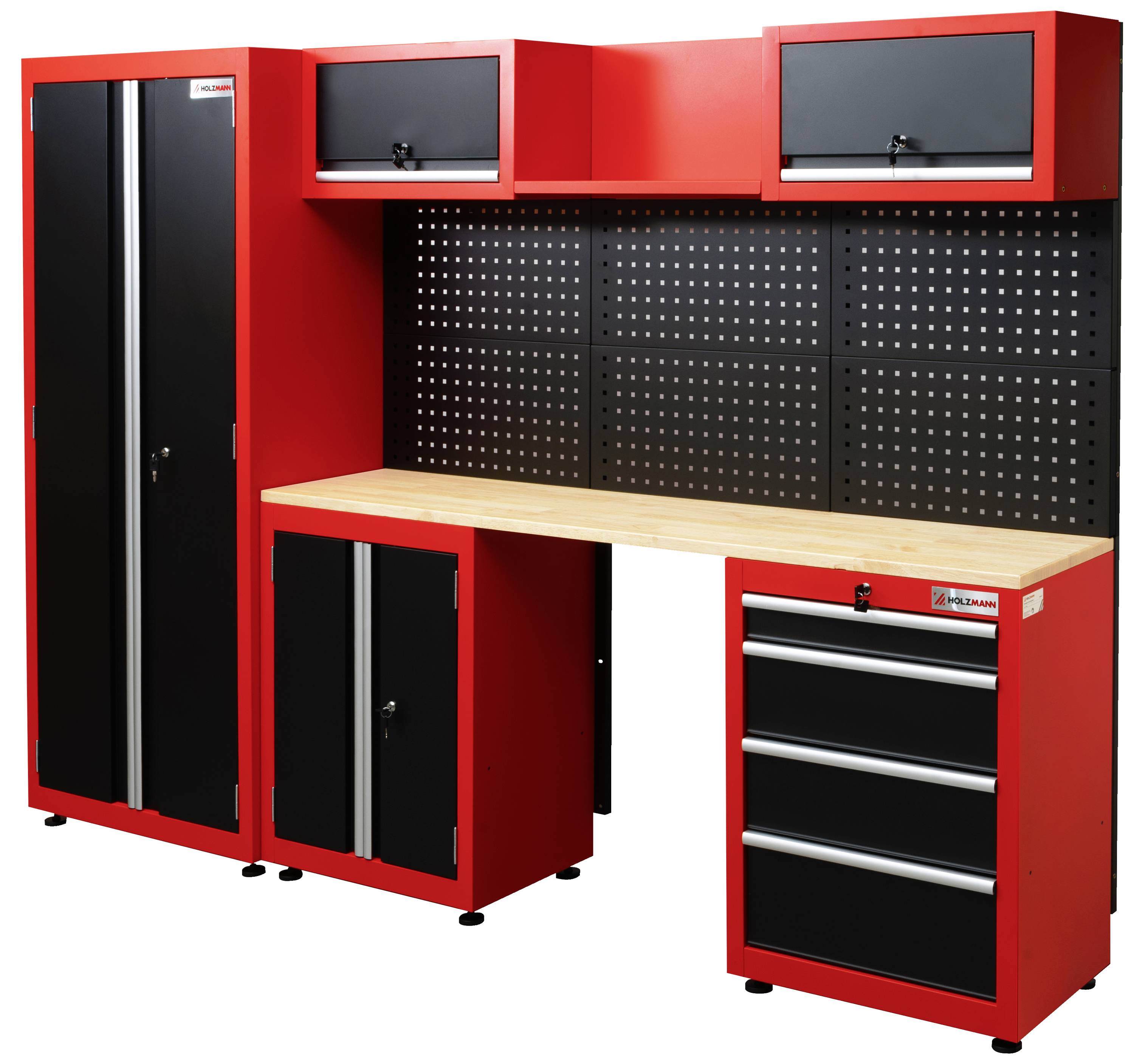 Établi rouge avec armoires noires, tiroirs et panneau perforé pour le rangement des outils.