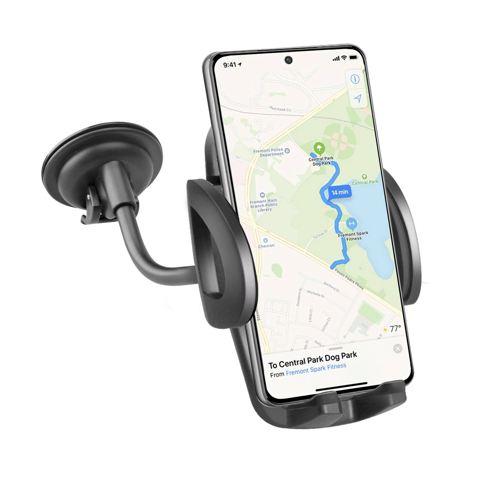 Un smartphone dans un support de voiture affiche une application de navigation avec un itinéraire traversant un parc, temps d'arrivée estimé à 14 minutes.
