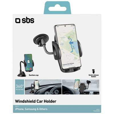 Support de smartphone pour pare-brise SBS, affichant un système de navigation sur le support. Compatible avec iPhone, Samsung et autres modèles.