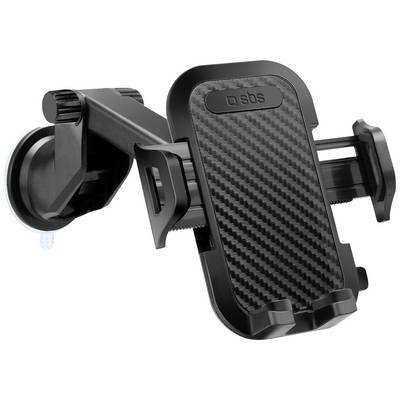 Support de smartphone noir pour voiture avec ventouse, bras ajustable et pinces latérales. Adapté au tableau de bord ou au pare-brise.