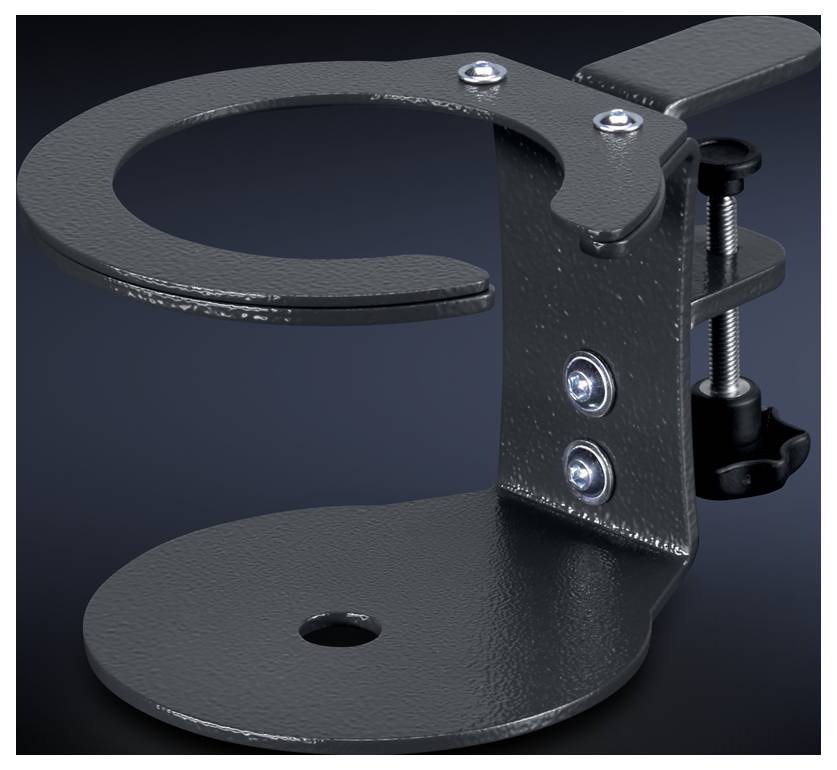Illustration d'un support métallique noir avec fixation par vis, adapté pour un montage sur les bords d'une table.