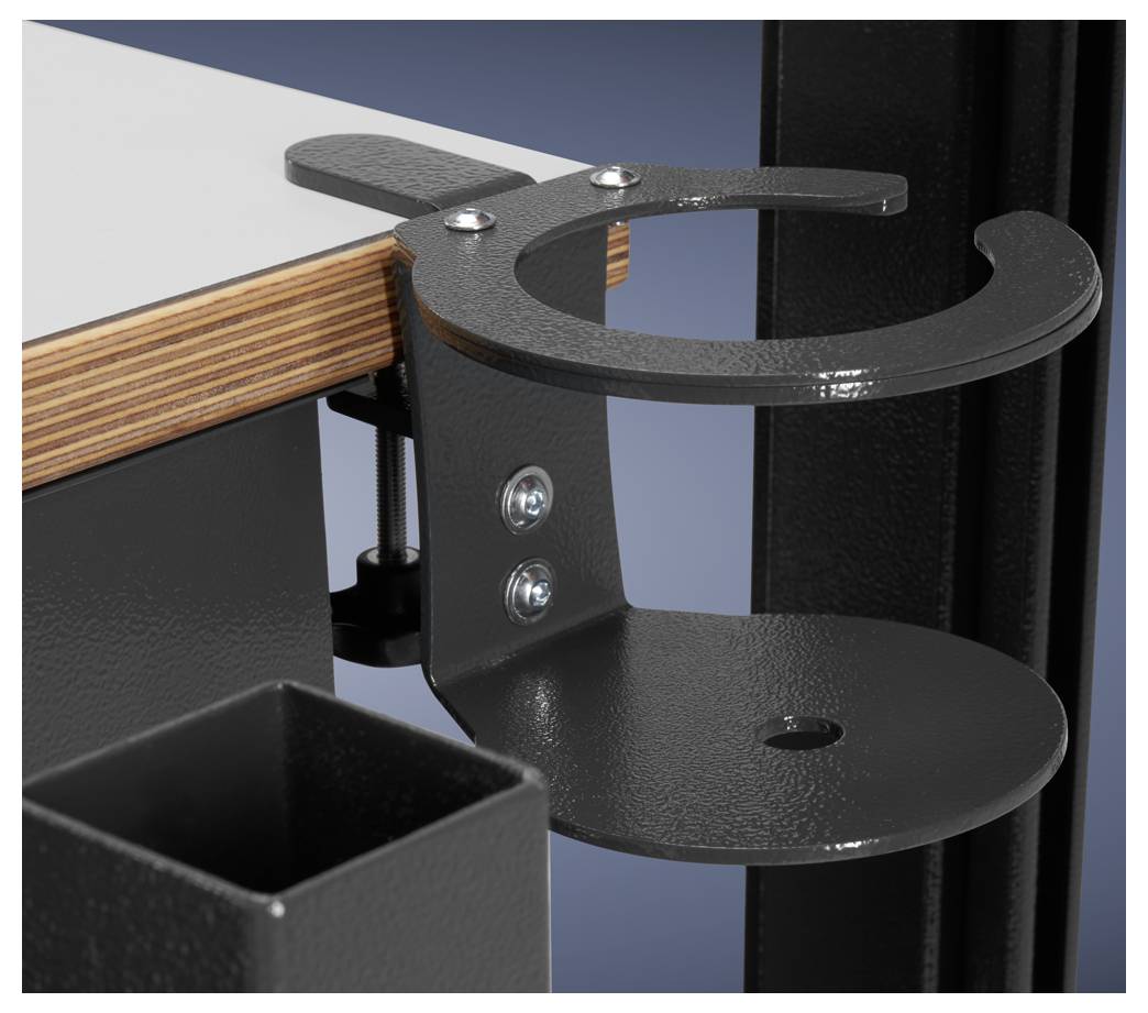 Support métallique fixé à une table, au design circulaire et avec connexion par vis, adapté pour supporter des objets ou des appareils.