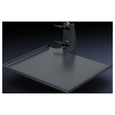 Plateforme métallique rectangulaire avec deux poignées et un support vertical à une extrémité, sur un fond sombre.