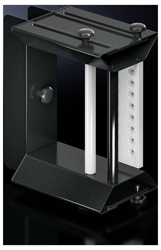 Un objet métallique de forme rectangulaire avec un cadre noir et des barres centrales blanches. Il comporte deux boutons rotatifs sur sa surface supérieure.