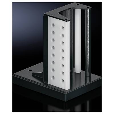 Un dispositif métallique avec un insert blanc perforé est posé sur une base plate. Il comporte trois tiges verticales aux angles.